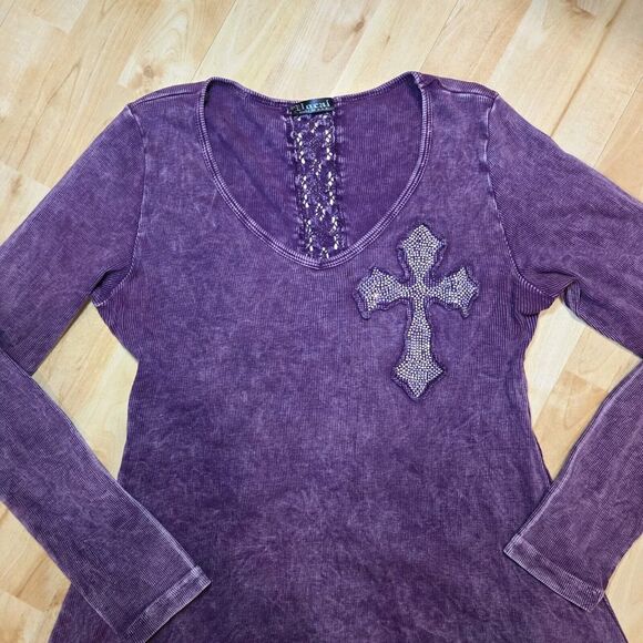 Vocal Purple Acid Wash Iridescent Rhinestone Ed Hardy Style Cross Top Medium Y2K - Picture 2 of 9